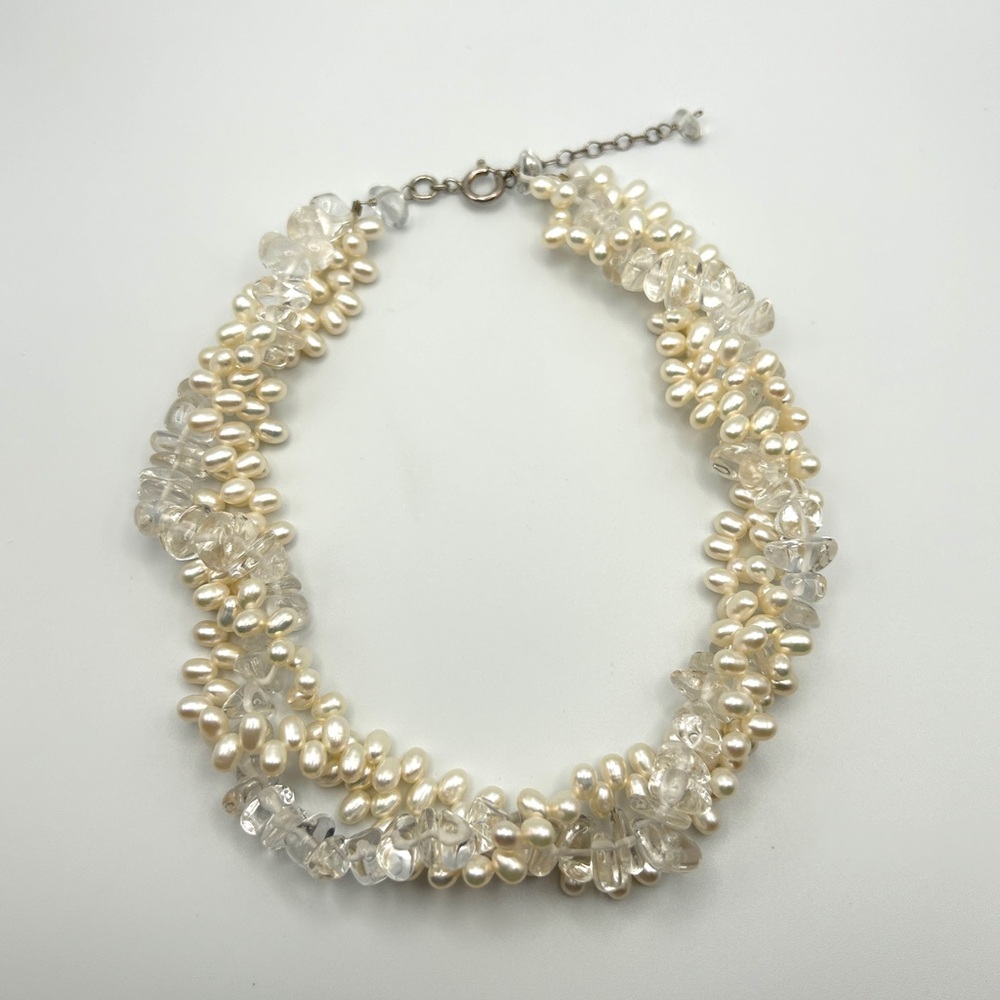 BEAUTIFUL 3 Strand Genuine Pearl Clear Quartz Necklace 925 Sterling Silver 17”